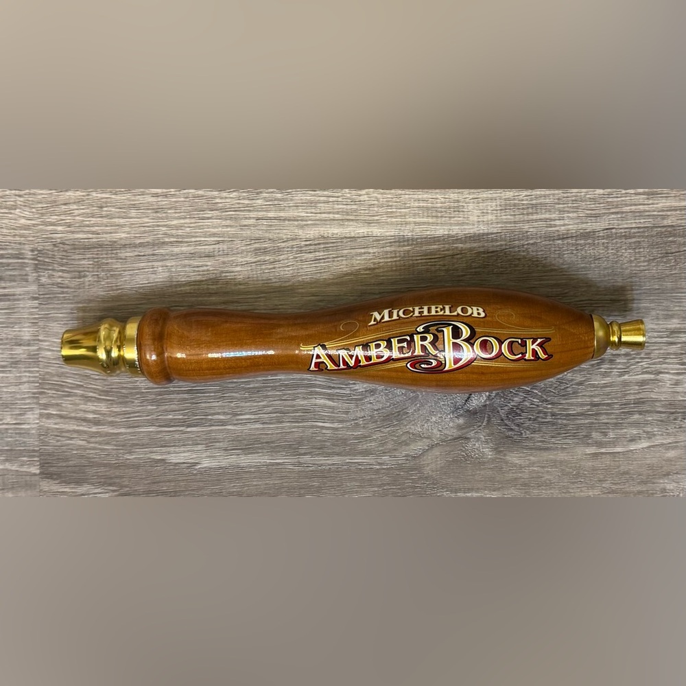 Vintage-Original Michelob Amber Bock Beer Pull Tap Handle Wood Gold/Brass Accent